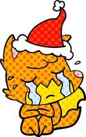 crying fox comic book style illustration of a wearing santa hat vector