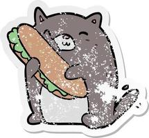 distressed sticker of a cartoon cat with sandwich vector