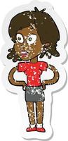 retro distressed sticker of a cartoon woman with hands on hips vector