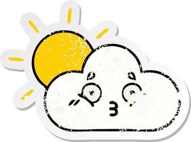 distressed sticker of a cute cartoon sunshine and cloud vector