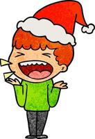 textured cartoon of a laughing man wearing santa hat vector