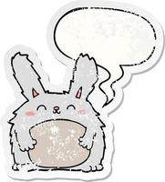 cartoon furry rabbit and speech bubble distressed sticker vector