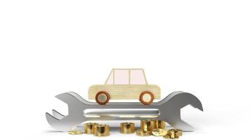 The car wood toy and wrench  gold coins on white background 3d rendering. photo