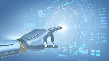 Robot hand touching abstract virtual user interface touchscreen artificial intelligence digital futuristic technology concept,3d rendering. photo