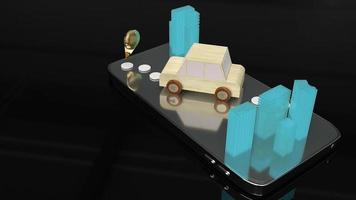 car and city  on smartphone screen for map navigation app concept 3d rendering. photo