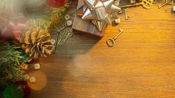 Christmas decorations on wood table for holiday content. photo