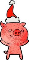 happy textured cartoon of a pig wearing santa hat vector