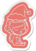 cartoon  sticker of a pretty astronaut girl sitting waiting wearing santa hat vector