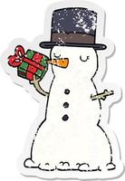 distressed sticker of a cartoon snowman vector