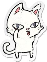 distressed sticker of a cartoon cat staring vector