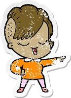 distressed sticker of a happy cartoon girl pointing vector