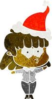 dibujos animados retro de una niña silbando con sombrero de santa vector