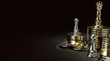gold king chess on gold coins and silver Pawn  in dark tone 3d rendering for business content. photo