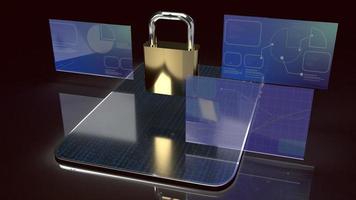 The tablet and master key 3d rendering for mobile security content. photo