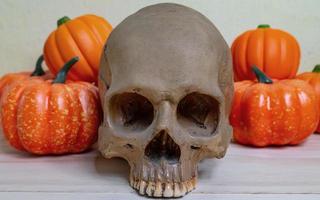 pumpkin jack doll and skull on wood table for halloween content. photo