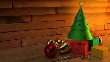 Christmas tree on wood table 3d rendering image for christmas celebration content. photo