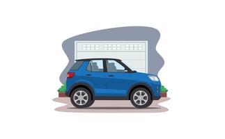 cartoon suv car in front of garage vector illustration