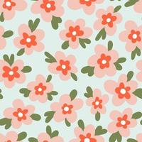 Hand drawn naive daisy loose flowers with leaves vector seamless pattern. Blotched retro floral texture for textile, print, fabric, wrap, paper.