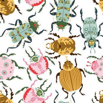 Bug species and exotic beetles vector seamless pattern. Insect bugs in flat cartoon style texture. Vector Illustration for fabric, print, apparel, textile.