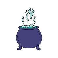 Witch cauldron doodle isolated. Vector hand drawn illustration of Halloween object. Colorful outline cauldron with boiling potion. Pot for witchcraft and magic