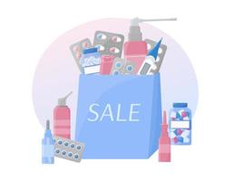 Pharmacy Sale. Discount purchase of medicines. Lot of pharmacy products in bag. Medicaments composition isolated. Set of piles, capsules, sprays. Flat vector illustration