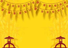 bandera triangular del festival vegano chino con letras chinas rojas, farol de piedra de jardín sobre bambú decorativo y fondo amarillo. Las letras chinas rojas significan ayuno para adorar a Buda en inglés. vector