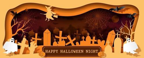 Landscape view of Halloween scary night atmosphere with HAPPY HALLOWEEN NIGHT lettering on wooden banner in a hole shape and layer paper cut vector and web banner design.