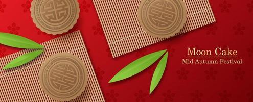 Closeup and crop Chinese moon cakes on bamboo mats and bamboo leaves with Moon Cake, Mid Autumn Festival lettering on plum flowers pattern and red gradient background vector