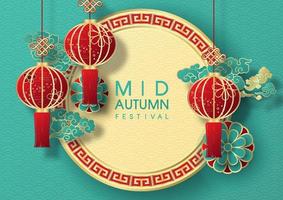 Greeting card and poster of Chinese Mid Autumn Festival in 3d and paper cut style on Chinese wave pattern and green background. vector