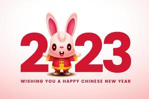 Happy Chinese New Year 2023. Cartoon cute long ears rabbit wearing traditional costume with greeting hand stand in big 2023 numbers sign. Year of the Rabbit. Rabbit zodiac character vector