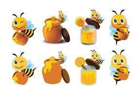 diseño plano y conjunto de mascota de abeja linda de dibujos animados de estilo 3d. abeja linda de dibujos animados con tarro de miel. la abeja linda lleva una olla de miel y una botella de miel orgánica. conjunto de mascota de carácter vectorial vector