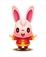 Happy Chinese New Year 2023. Cartoon cute long ears rabbit wearing traditional chinese costume with greeting hand. Year of the rabbit. Vector bunny character