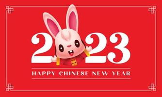Happy Chinese New year 2023. Cartoon cute rabbit open arms popping out from 2023 numbers sign on red background