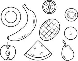 manzana, plátano, mango, kiwi, melocotón, coco y sandía. ilustración vectorial