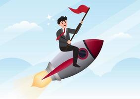 los empresarios exitosos vuelan con cohetes y sostienen banderas rojas. para la ilustración del concepto de negocio de oportunidades comerciales vector