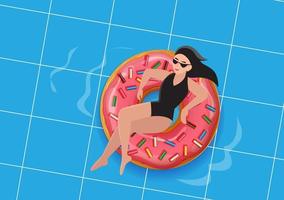 Young woman relaxing in a bathing suit in the water on an inflatable donut ring. View from above. Vector illustration.