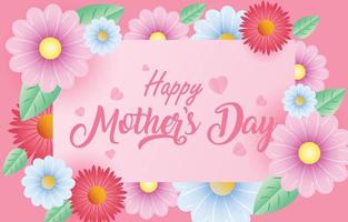 vector de banner de tarjeta de felicitación del día de la madre con flores de primavera y corazones voladores rosa papercut. símbolo de amor y letras escritas a mano sobre fondo rosa.