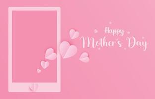 Vector illustration of mobile frame, sending message happy mother's day, decorated with light pink paper cut hearts, social media concept.