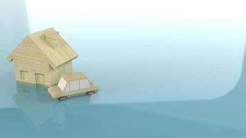 el juguete de madera para el hogar y el automóvil en el renderizado 3d del agua para contenido de inundaciones. foto