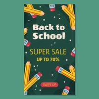 Back to school social media vertical template for sale with classic yellow pencil with eraser on it. The pencils are arranged in a circle against a green school chalkboard. vector