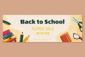 Colorful back to school sale offer banner template with different studying supplies - stack of books pencils, notepad scissors. Vector illustration design with copy space