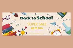 Colorful back to school sale offer banner template with different studying supplies - glasses paper airplane, stack of books test tube. Vector illustration design with copy space
