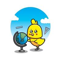 cute little chick cartoon who wants to learn globe vector