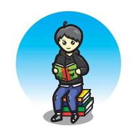 Cartoon cute boy reading a book on a pile of books vector