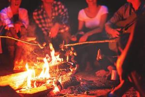 young friends relaxing around campfire photo