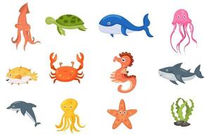 Fish and wild marine animals are isolated on white background. of the sea world, cute, funny underwater vector