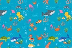 Fish and wild marine animals pattern. Seamless background with cute marine fishes, smiling shark characters and sea underwater world vector nautical