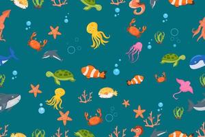 Fish and wild marine animals pattern. Seamless background with cute marine fishes, smiling shark characters and sea underwater world vector
