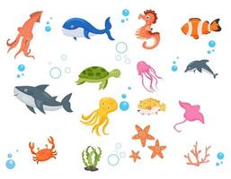 Fish and wild marine animals are isolated on white background. of the sea world, cute, funny underwater vector