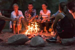 young friends relaxing around campfire photo